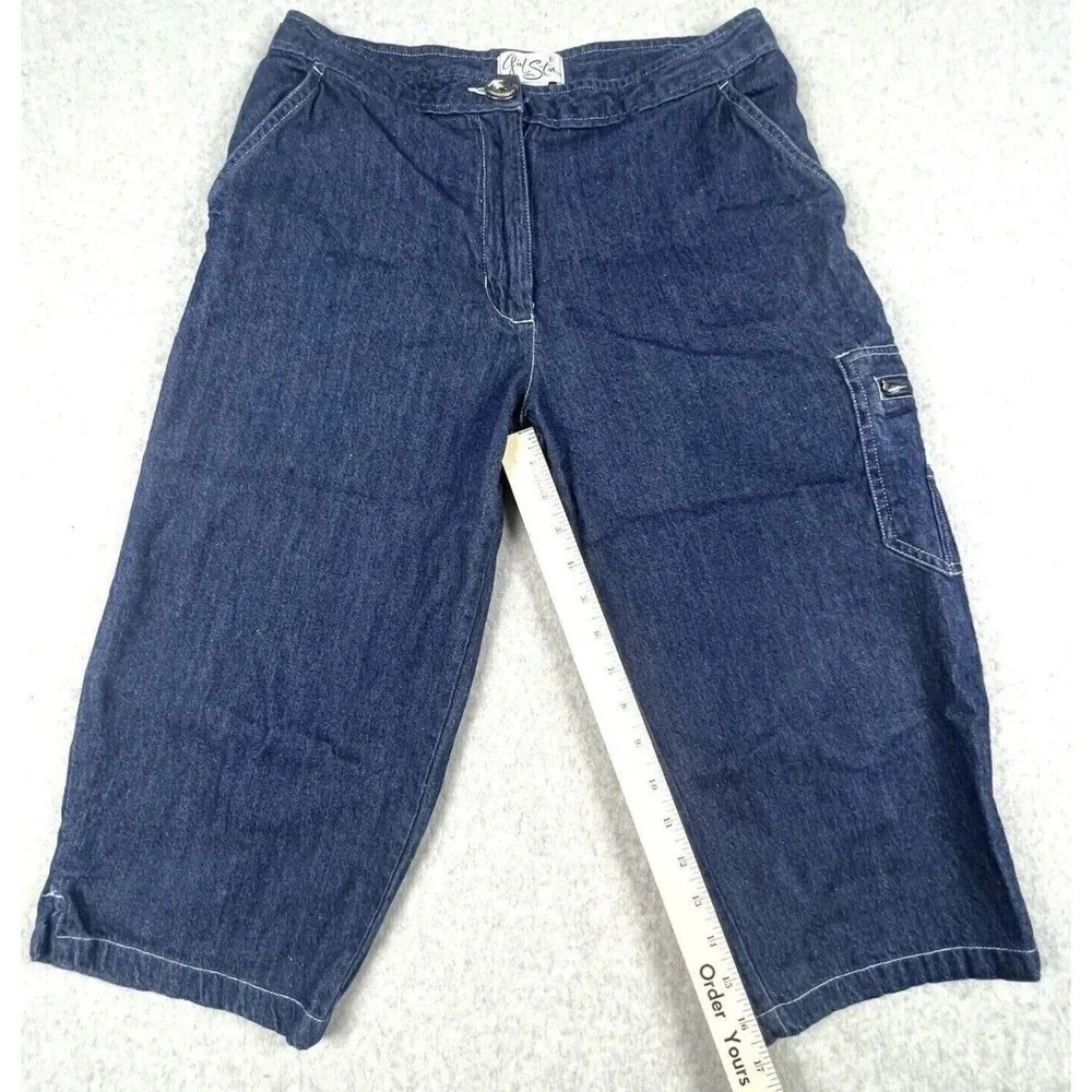 Girl Star Girls 9/10 Blue Cargo Capri Jeans Relaxed Wide Leg Utility Denim